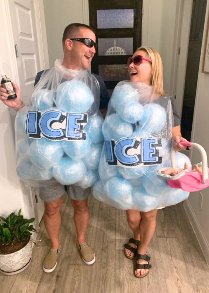 couple dressed as bags of ice for halloween