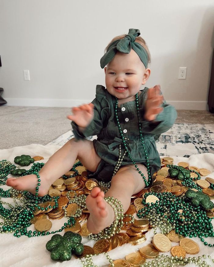 Green outfit gold coins baby St. Patrick's Day DIY photo