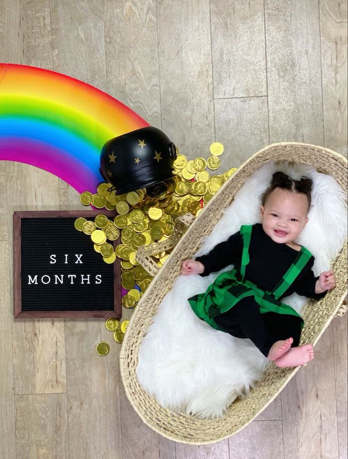 Baby 6 months milestone photo rainbow pot o gold St. Patrick's DY