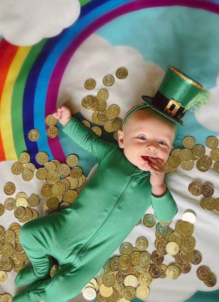 Baby rainbow gold coins green sleeper DIY St. Patrick's Day photo