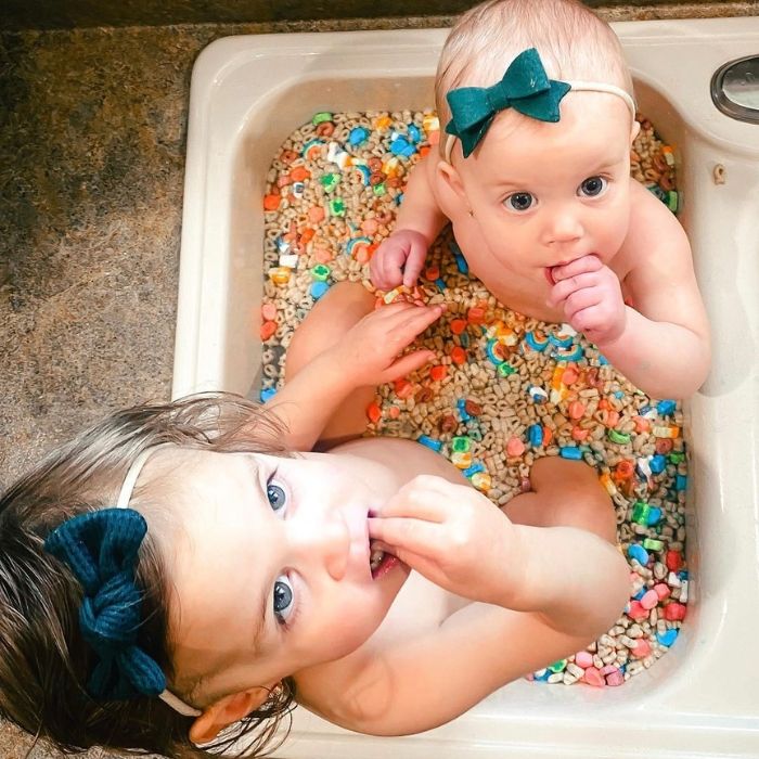Baby photos siblings lucky charms sink bath photo