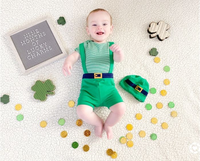 Baby milestone photo Lucky Charms letter board St. Patrick's Day