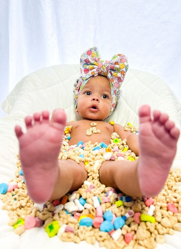 Baby photo covered in Lucky Charms 