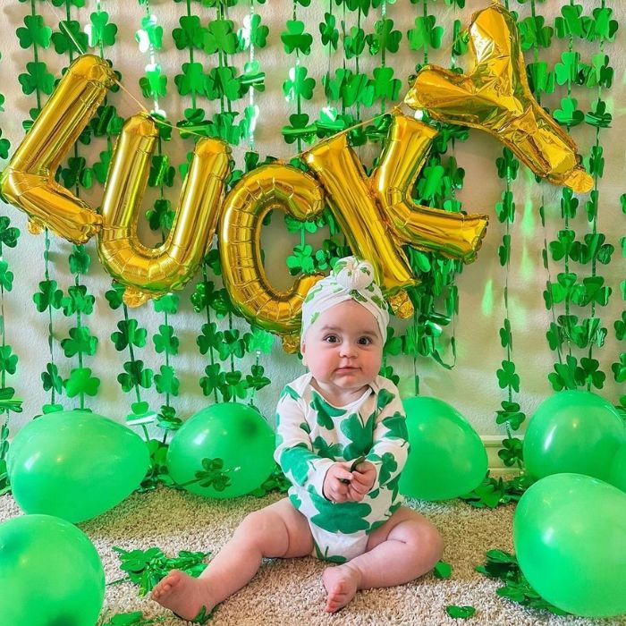 clover onesie green balloon Lucky St.  Patrick's Day Baby picture