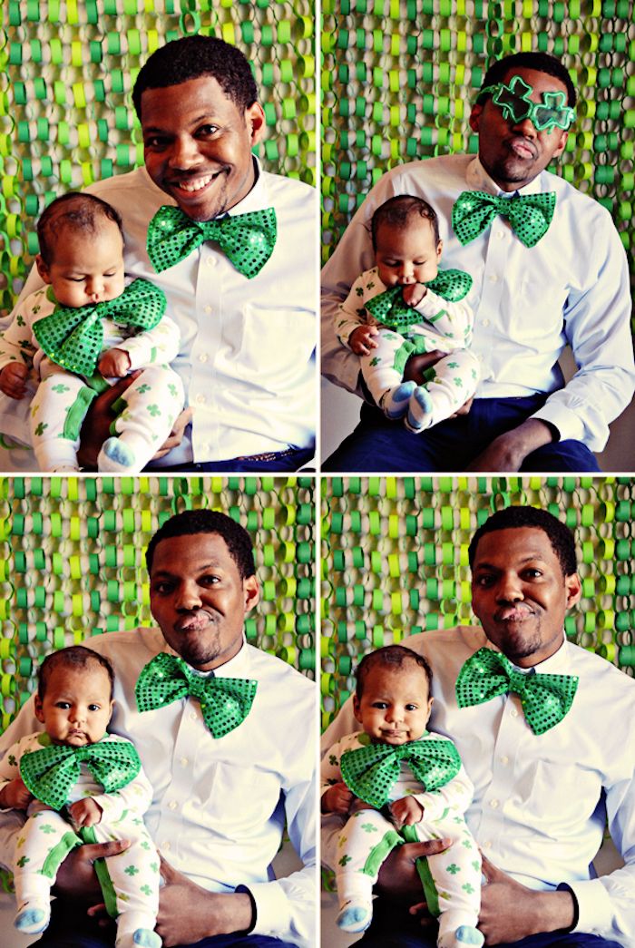 Big green bowties DIY paper chain backdrop St. Patrick's Day photos