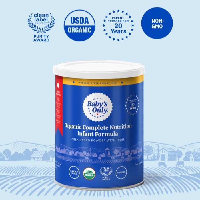 the only baby formula with a clean label award, organic, 20 years of parental trust, non-gmo labels