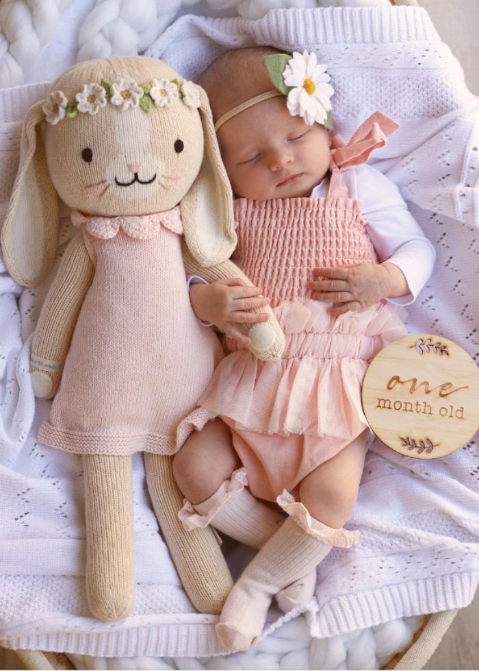 baby girl in pink dress olding stuffed rabbit with one month old sign