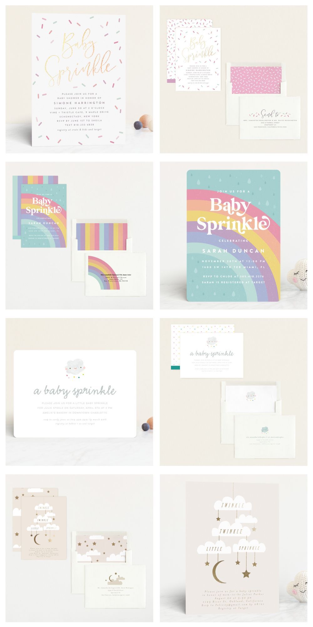 Four baby sprinkle invitation themes with envelopes