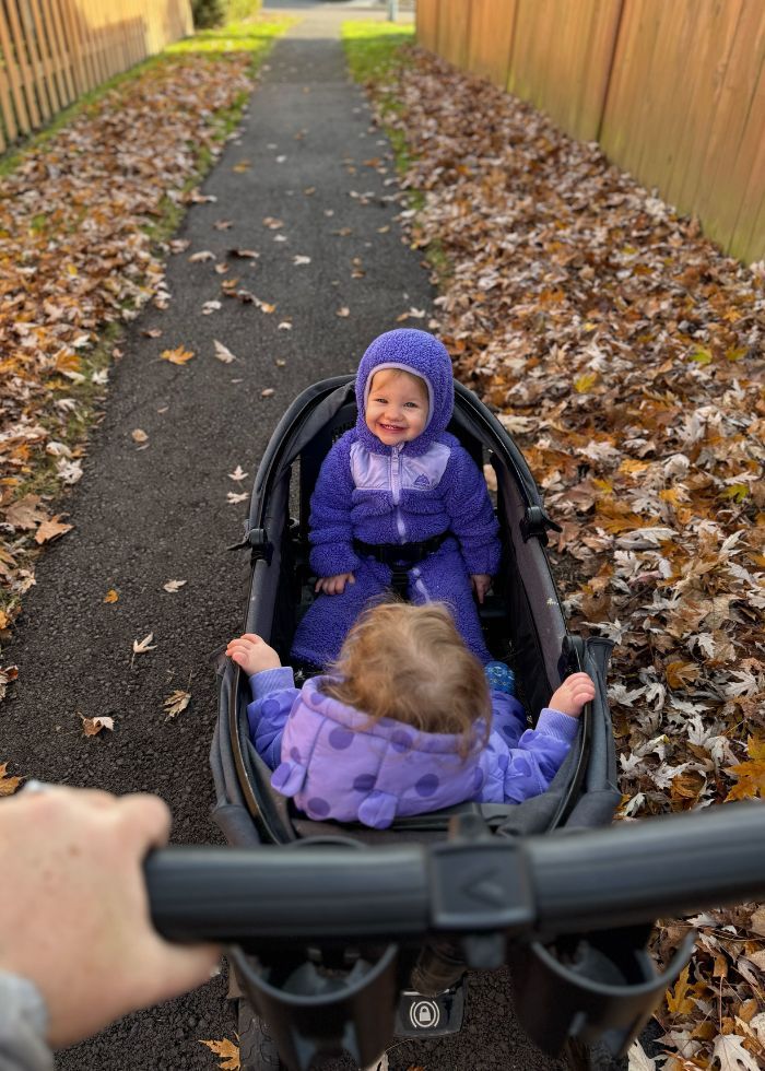 two twin girls on a walk in a veer wagon in the fall