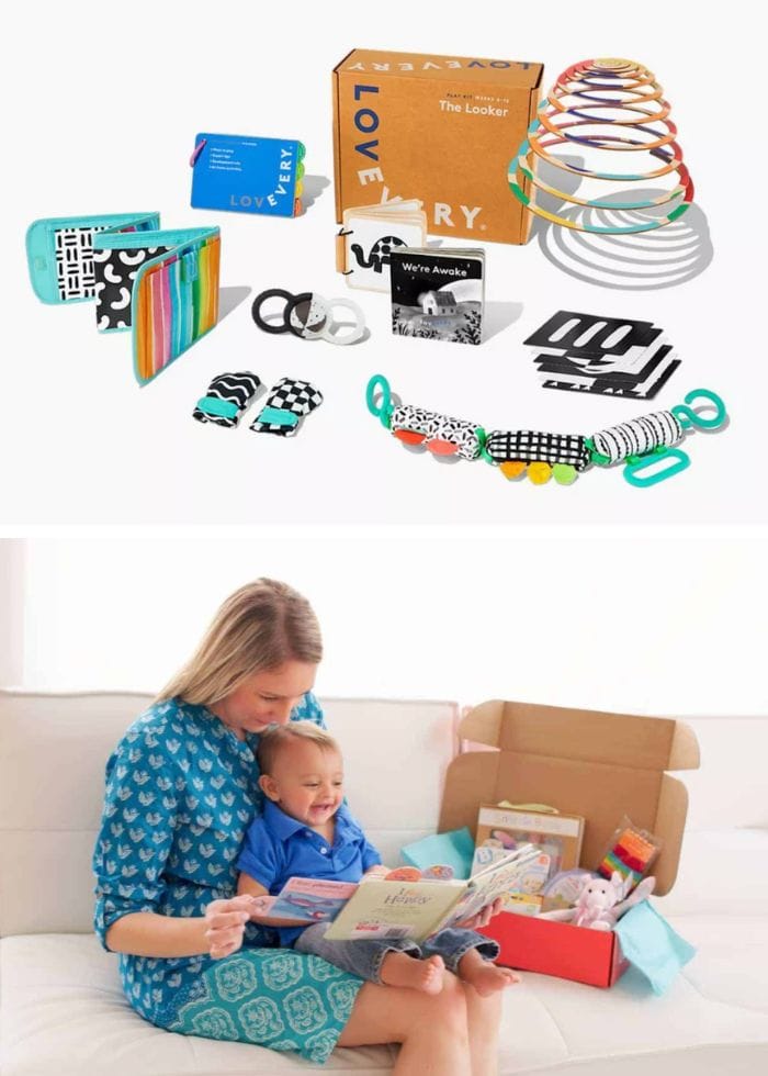mom with baby on lap with subbcription box on couch
