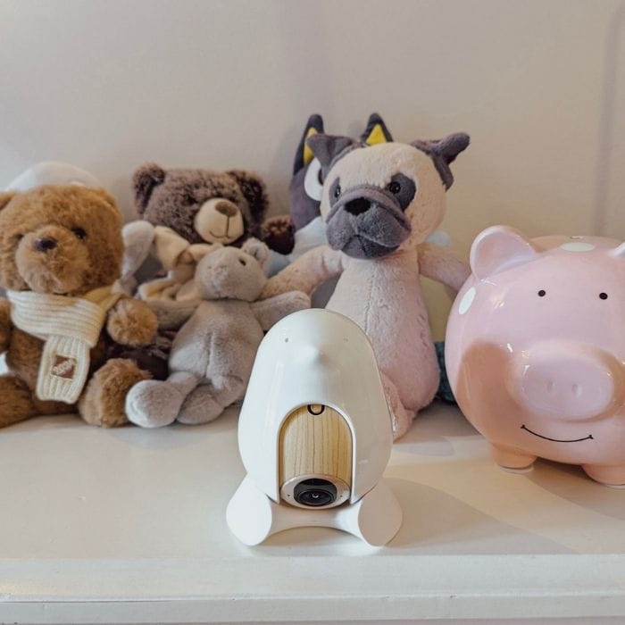 bird baby monitor on a shelf with stuff animals and piggy bank for scale