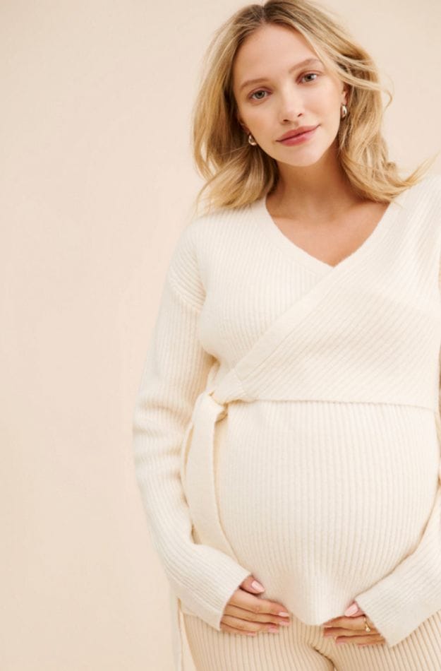 pregnant woman wearing cream knit maternity loungewear