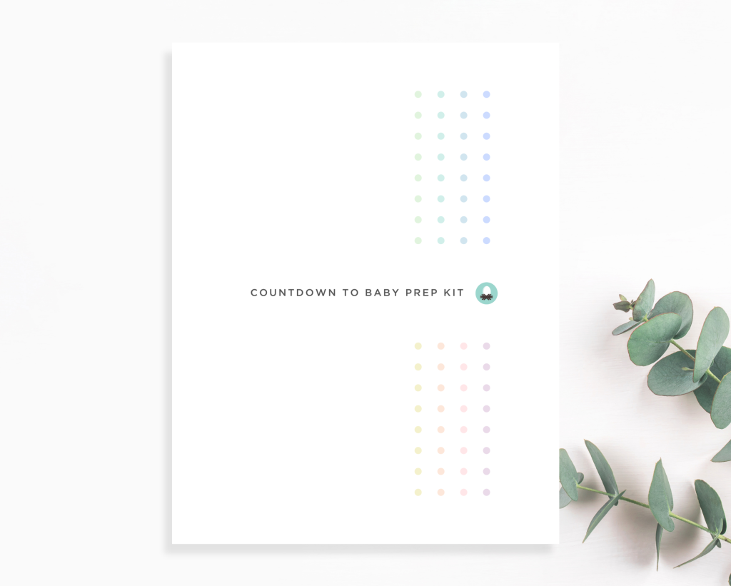 Countdown to baby prep kit document with pastel polka dots and eucalyptus branches.