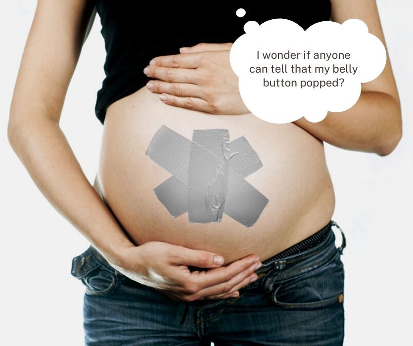 Duct tape on a pregnant belly with a thought bubble about a popped belly button.