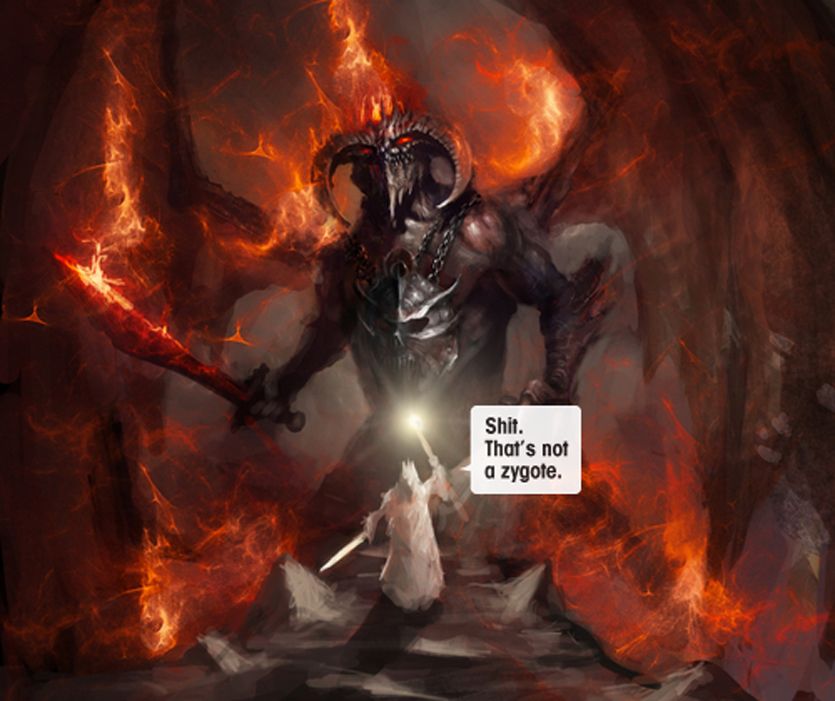 Illustration of Gandalf facing a Balrog with a speech bubble saying: Shit. That's not a zygote.