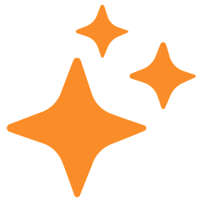 Three orange four-pointed star icons of varying sizes on a black background.