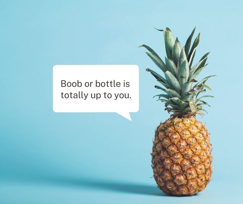 A pineapple on a blue background with a speech bubble that says, Boob or bottle is totally up to you.