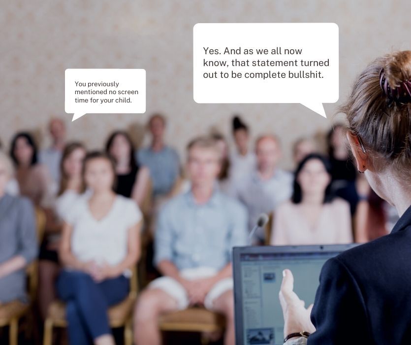 A woman speaking to an audience with text bubbles about the reality of child screen time rules.