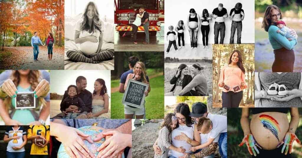 Collage of various maternity photos featuring expectant parents, families, ultrasound images, and baby shoes.