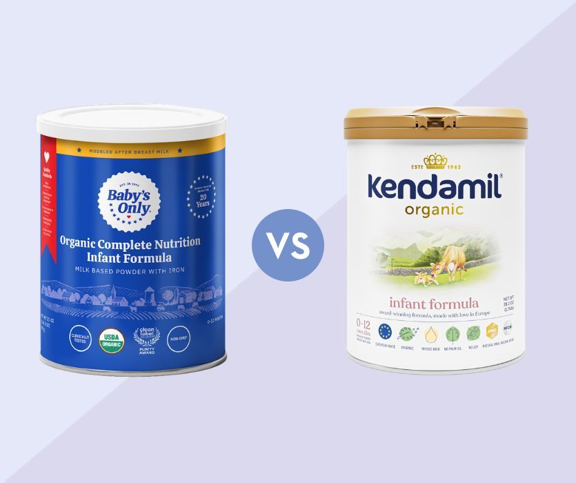 Side-by-side comparison of Baby's Only Organic Complete Nutrition and Kendamil Organic infant formula cans.