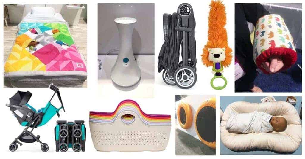 A collage of baby products including strollers, a colorful quilt, a white humidifier, toys, and a baby lounger.
