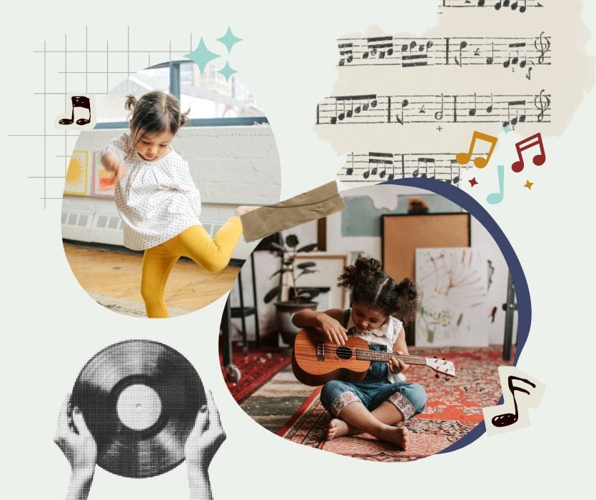 Collage of a child dancing, a child playing ukulele, a vinyl record, and musical notes.