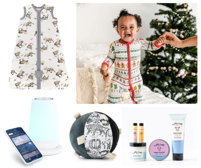 Collage of newborn gifts: sleep sack, smiling baby in pajamas, sound machine, soft ball, and skincare products.