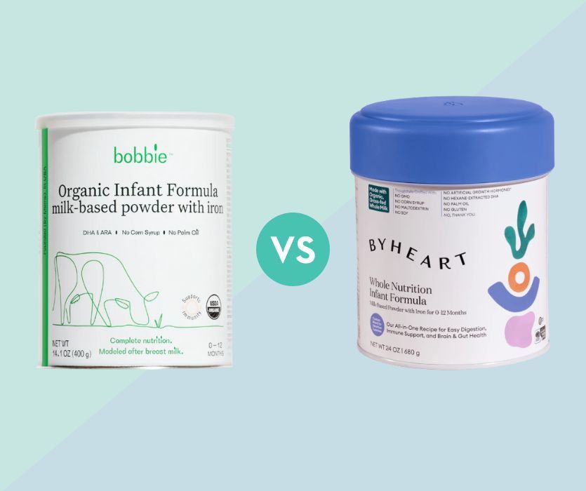 Bobbie Organic Infant Formula can next to ByHeart Whole Nutrition Infant Formula can with a VS graphic between them.