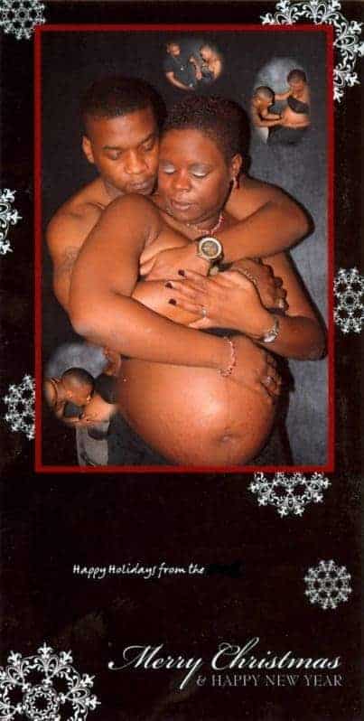 A shirtless man embraces a shirtless pregnant woman on a holiday card with smaller inset photos of the couple.