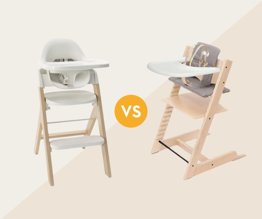 Side-by-side comparison of a white Mockingbird high chair and a natural wood Stokke Tripp Trapp high chair with a VS logo.