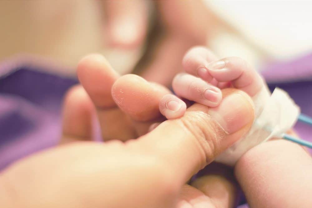 Close-up of a premature baby's hand with a medical IV bandage holding an adult's finger in a NICU.