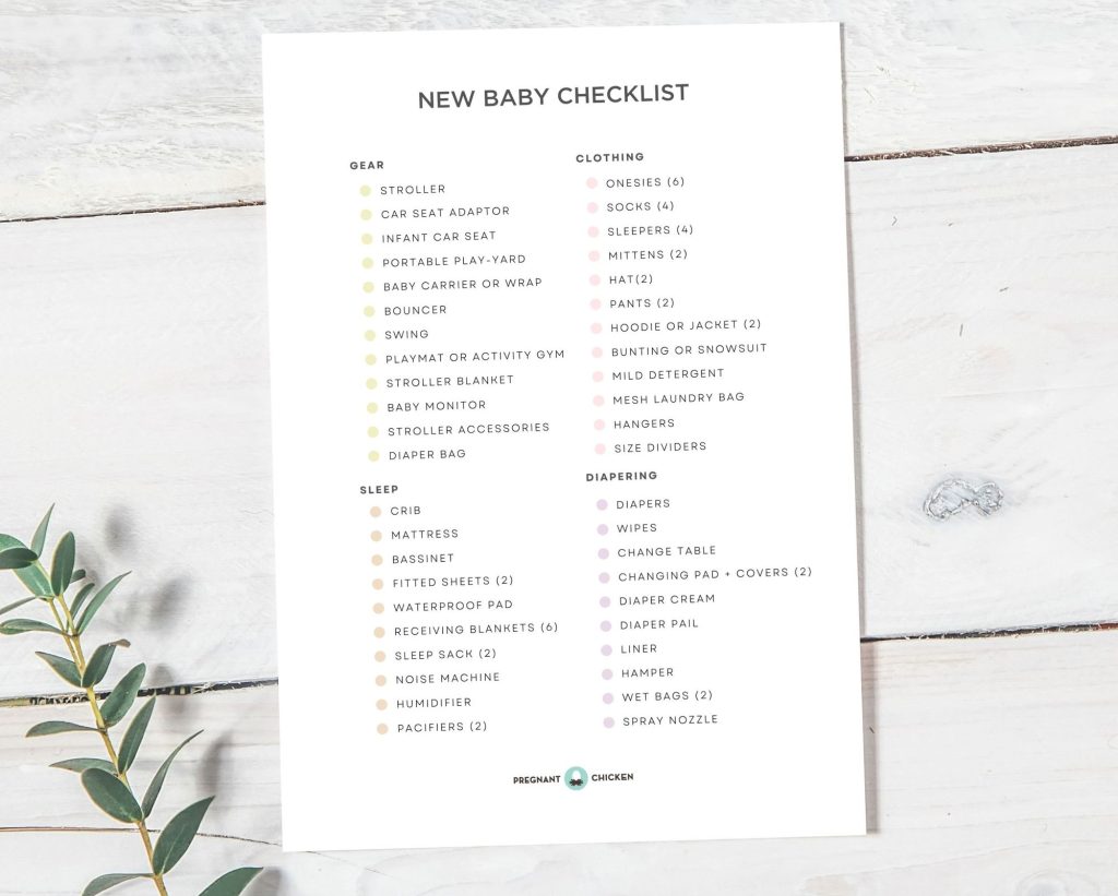 New Baby Checklist registry guide with categories for Gear, Clothing, Sleep, and Diapering on a white wood surface.