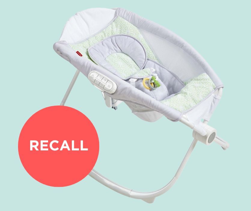 Fisher-Price Rock 'n Play baby sleeper on a light blue background with a large red RECALL circle badge.