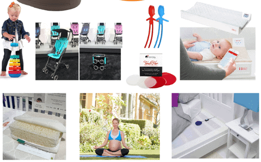 Collage of various baby products including a toddler with a toy, strollers, a changing table, and a pregnant woman.