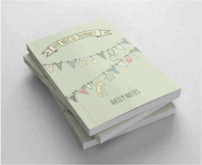 A stack of three light green journals titled Our NICU Journey Daily Notes with illustrations of hanging bunting.