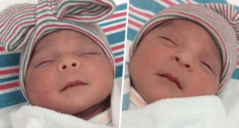 Close-up split view of a sleeping newborn wearing a striped hospital hat with a bow, wrapped in a white blanket.