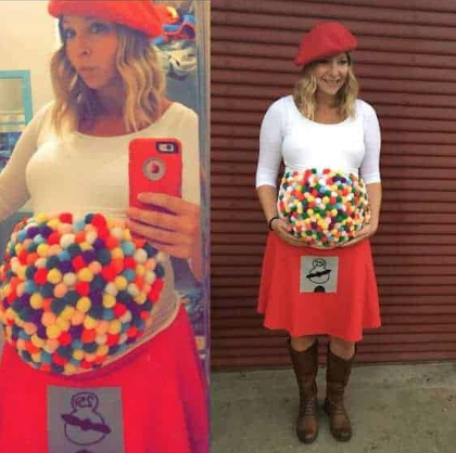 Side-by-side photos of a woman wearing a DIY gumball machine costume with pom-poms on her stomach and a red skirt.