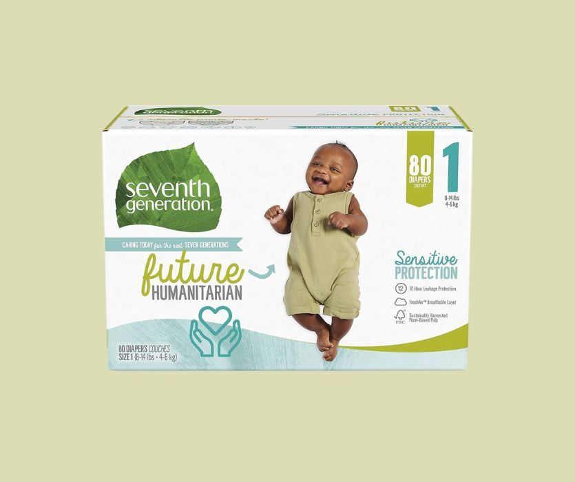 Seventh Generation Size 1 Sensitive Protection diapers, 80-count box featuring a smiling baby in a green romper.