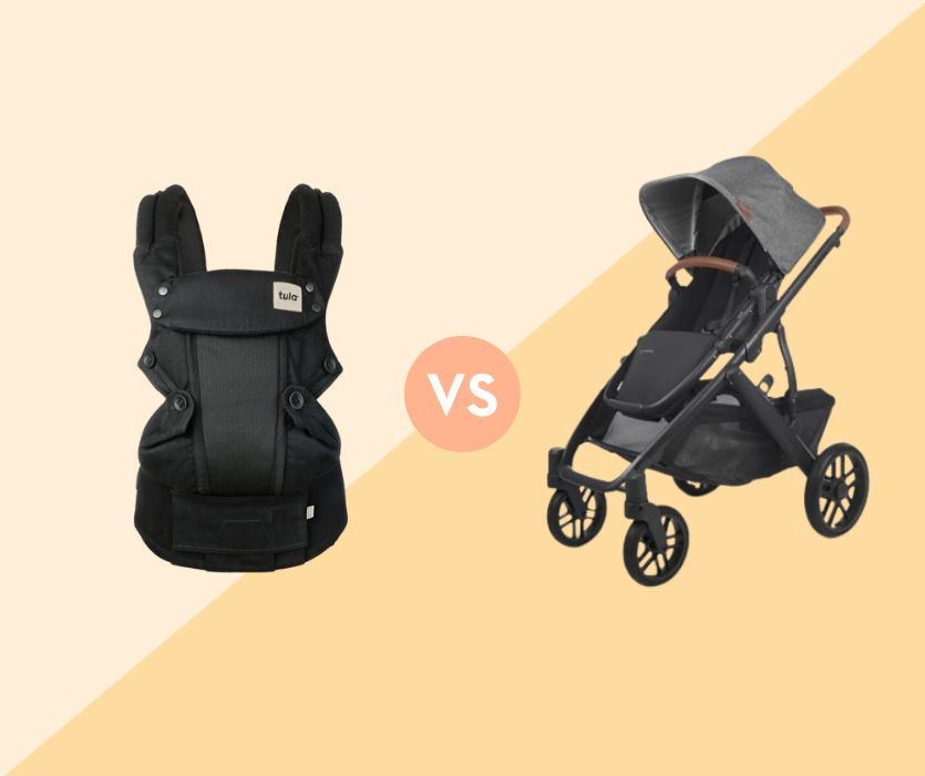 A black soft-structured baby carrier and a grey and black stroller separated by a VS icon.