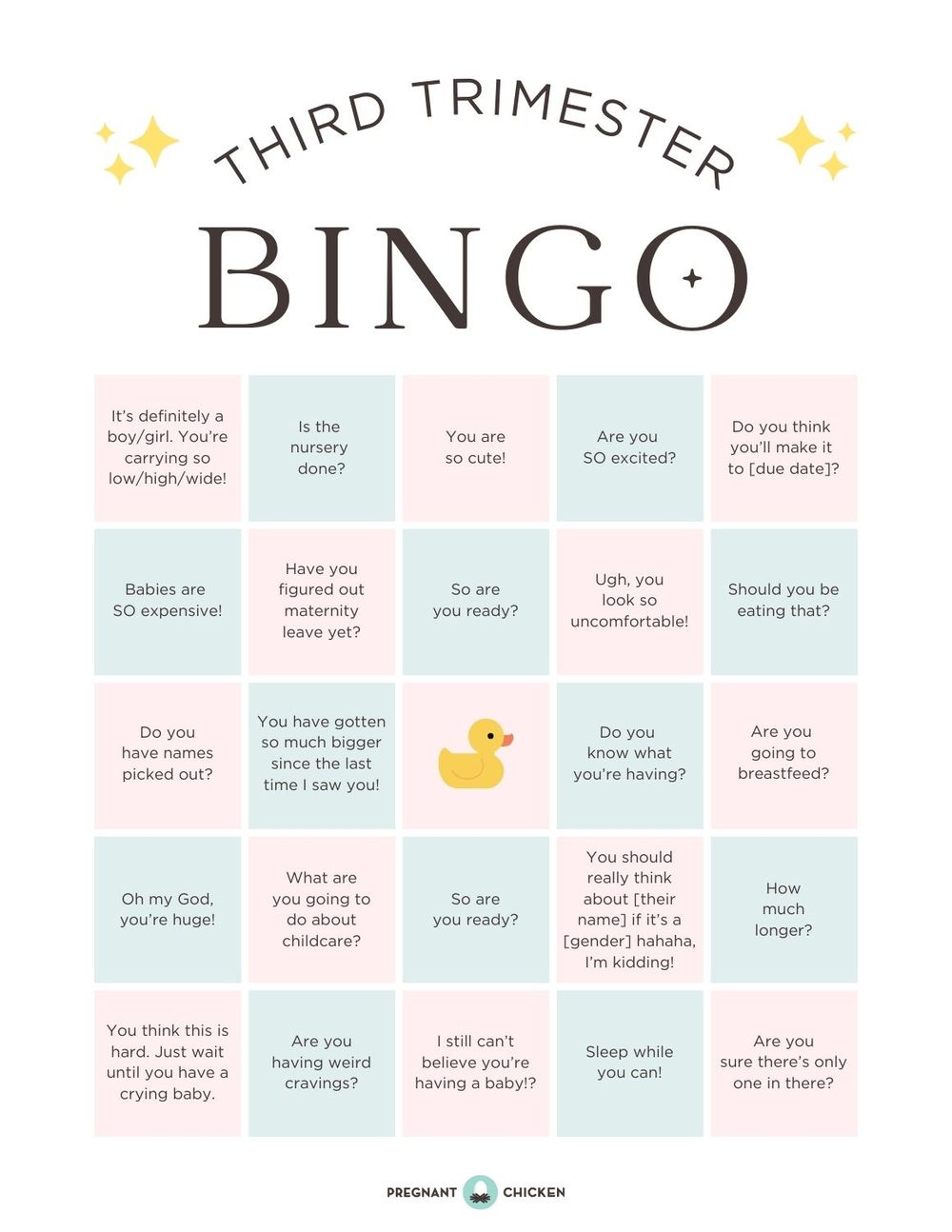 Third Trimester Bingo card featuring common questions and comments people say to pregnant women.