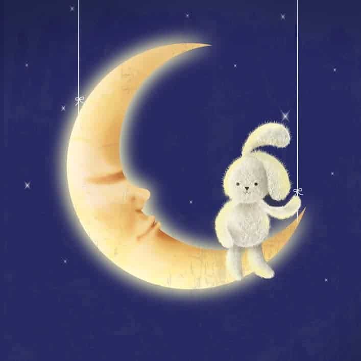 A small, white fuzzy bunny sitting on a yellow crescent moon with a sleeping face against a starry blue night sky.