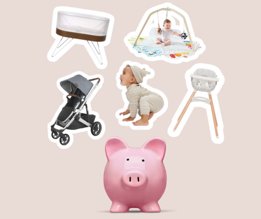 A collage of a bassinet, stroller, high chair, play gym, and a baby, positioned above a pink piggy bank.