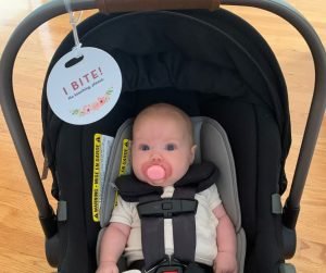 Baby in a car seat with a pacifier and a hanging sign that says, I BITE! No touching, please.