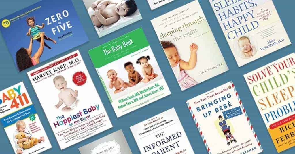 Multiple baby sleep and parenting books arranged in a collage on a blue background.