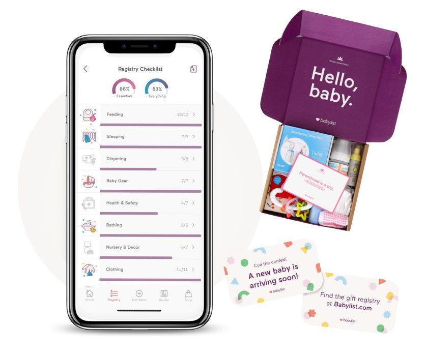 Babylist app registry checklist, Hello Baby sample box with baby gear, and registry announcement cards.