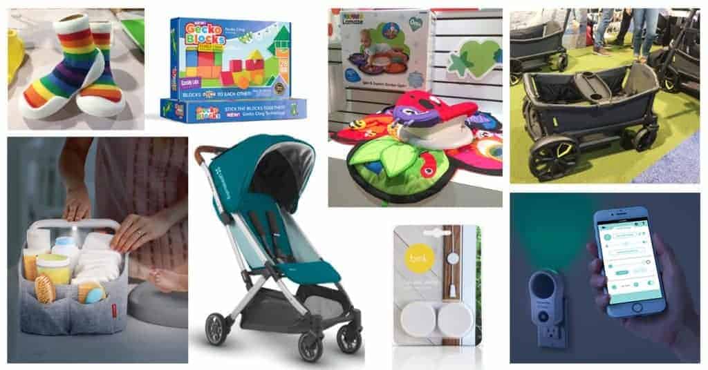 Collage of baby products including a stroller, wagon, rainbow socks, building blocks, play mat, and smart home monitor.