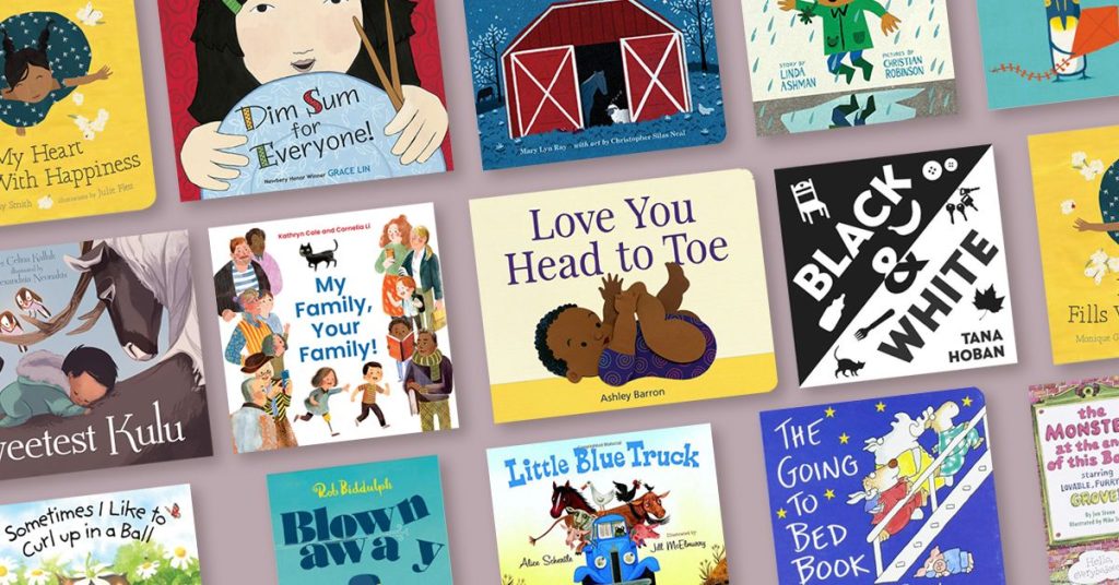 A collage of diverse baby board book covers, including Love You Head to Toe, Little Blue Truck, and Black & White.