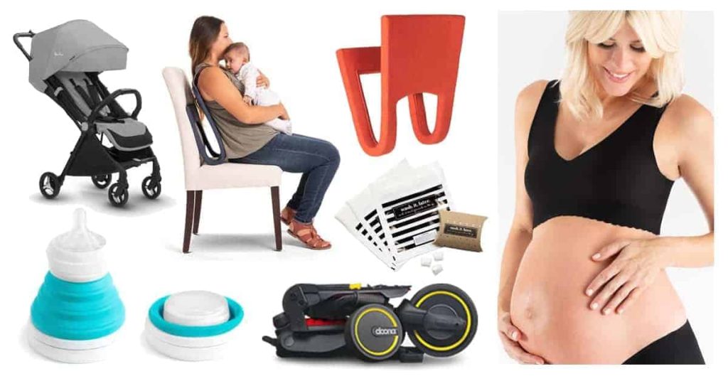 Collage of baby and maternity products including a stroller, nursing bra, bottles, and a woman holding an infant.