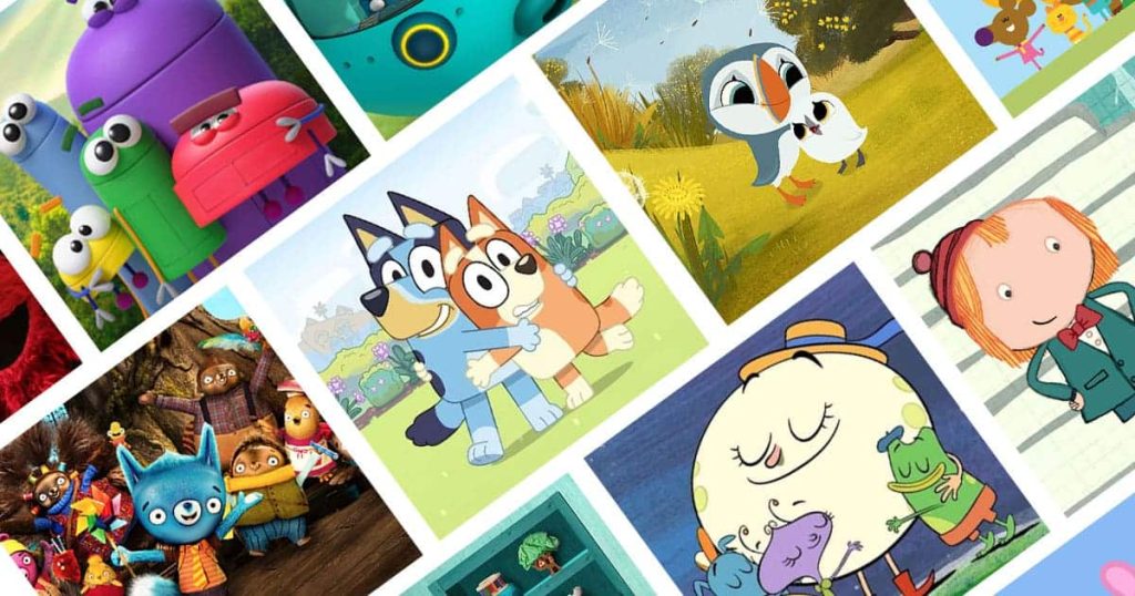 A collage of various colorful animated children's television show characters, including Bluey, Bingo, and Puffin Rock.