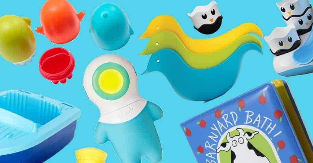 A variety of colorful mold-free bath toys, including stackable birds, a toy boat, and a Barnyard Bath waterproof book.